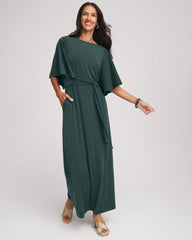 Belted Flutter-Sleeve Maxi Dress
