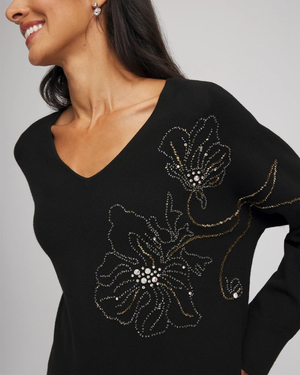 Floral Embellished Dolman V-Neck Pullover