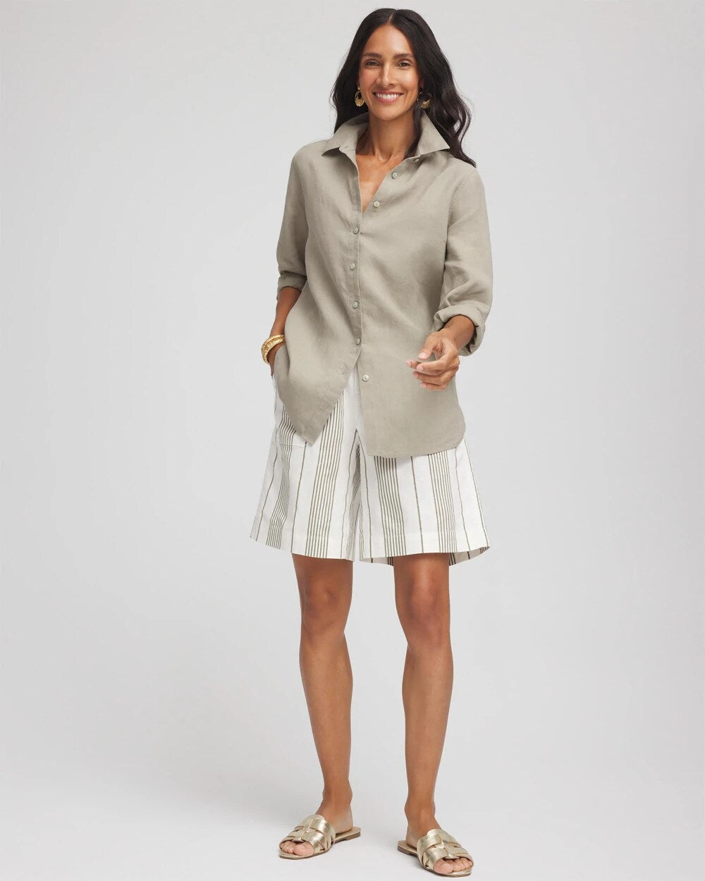 Striped Cotton-Linen Pull-On Utility Shorts