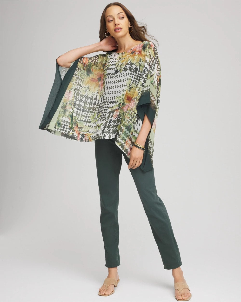 Printed Crinkle-Chiffon Pullover Poncho