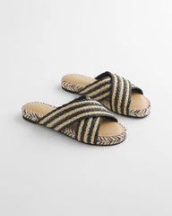 Striped Raffia Cross-Strap Slide Sandal