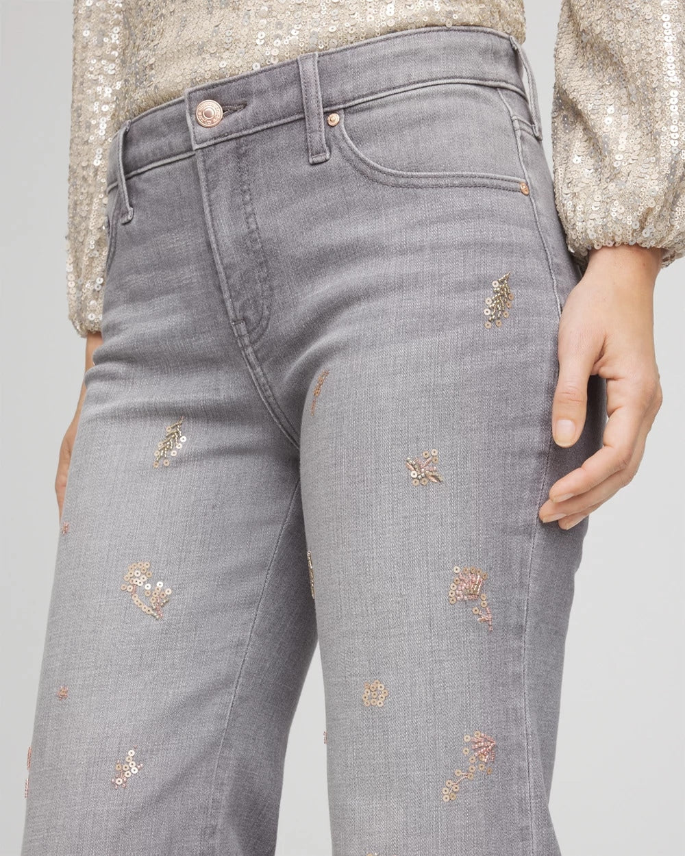 Petite Rose Gold Embroidered Girlfriend Flared Jeans
